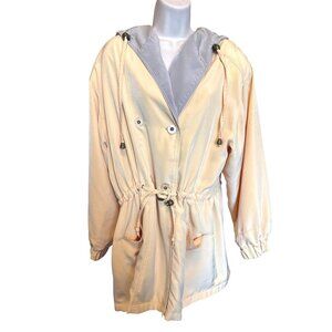 Vtg American Bazaar Lightweight Hooded Trench Coat Satin Gold Gray M Runs Large